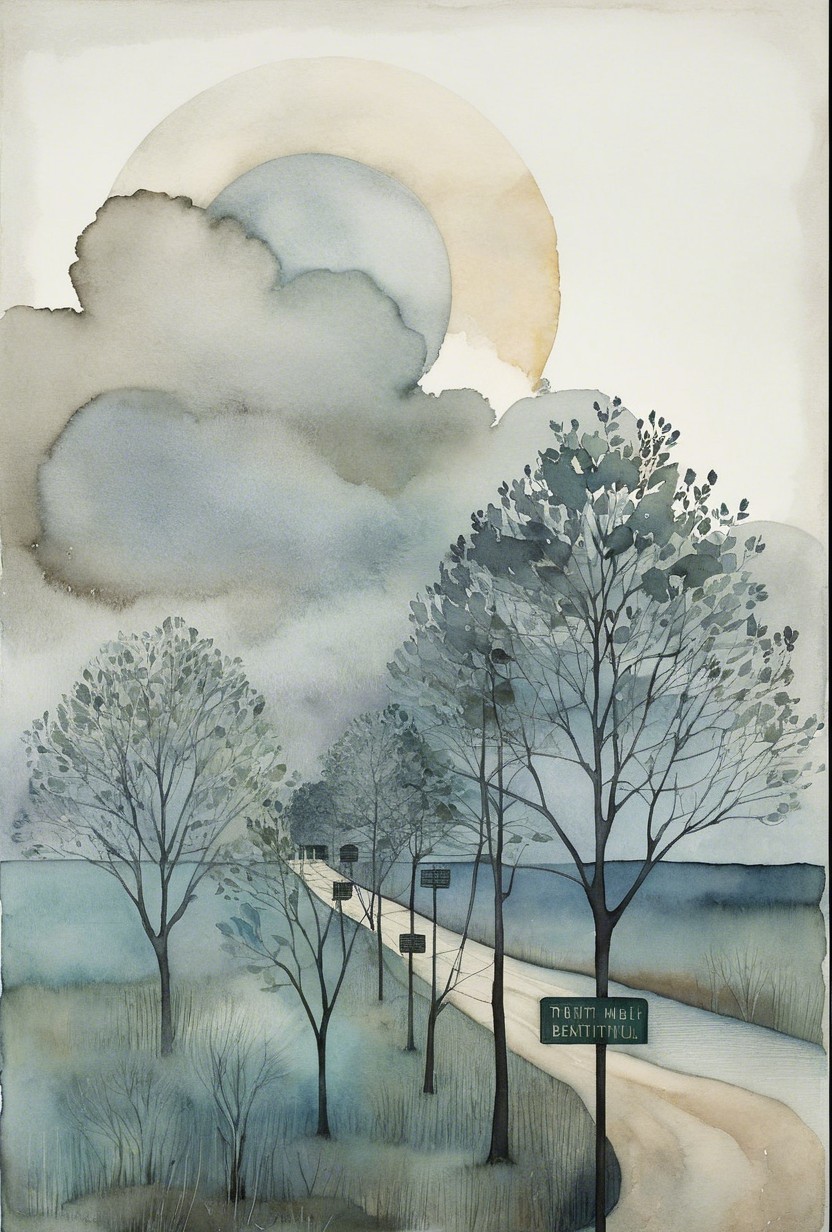 Serene Landscape with Winding Road and Bare Trees