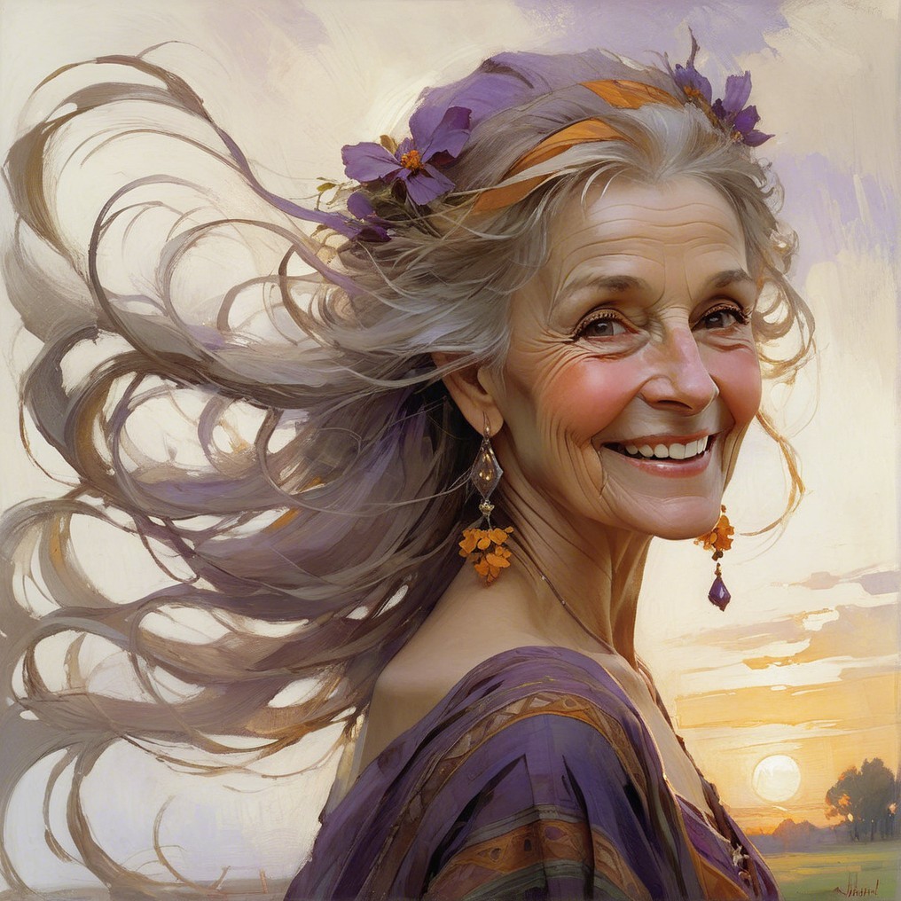 Joyful older woman with silver hair and sunset backdrop