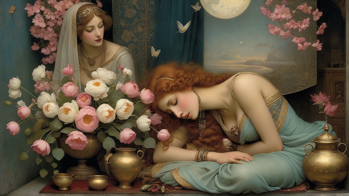 Elegant Women in Serene Floral Setting with Butterflies