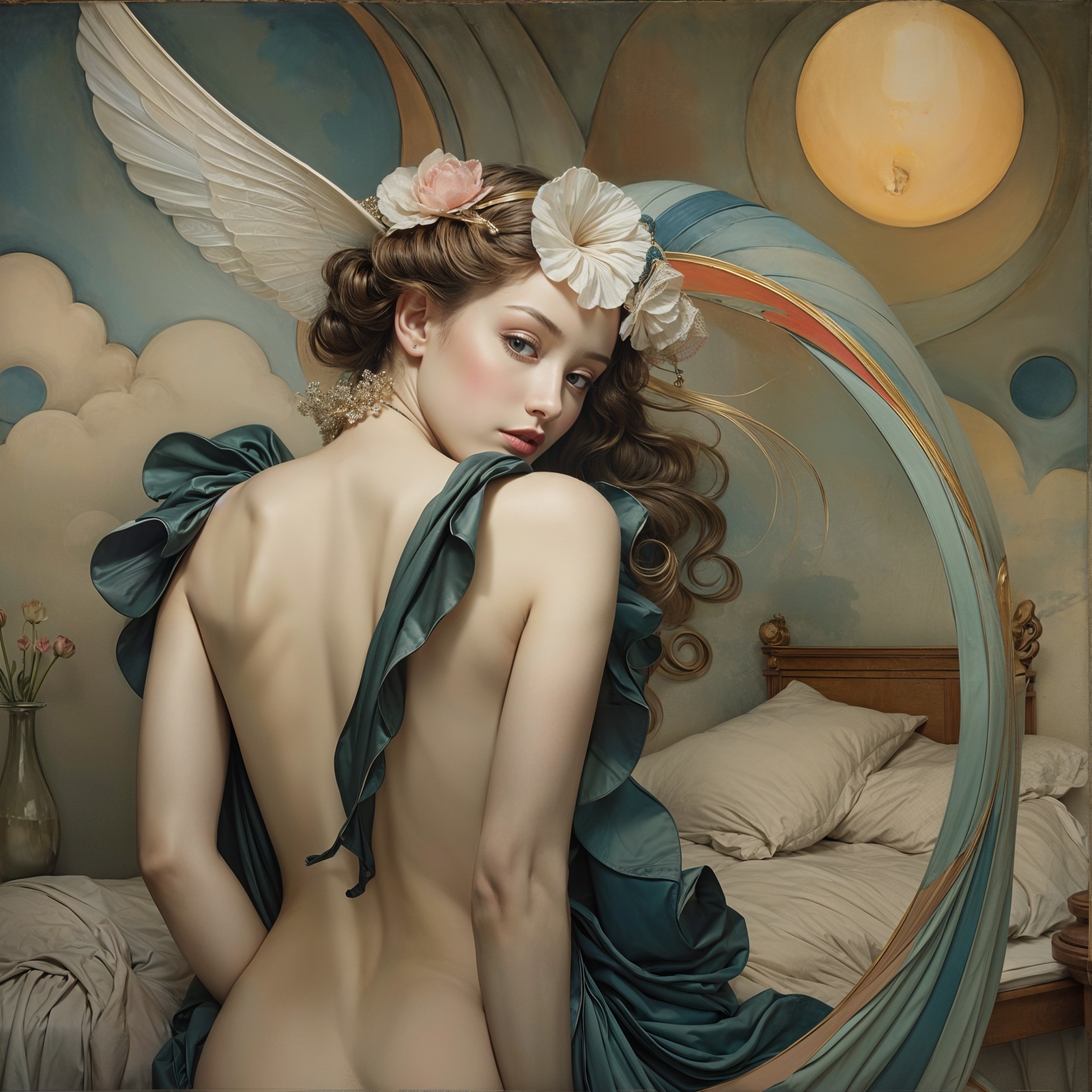 Young woman with wings in ethereal teal gown