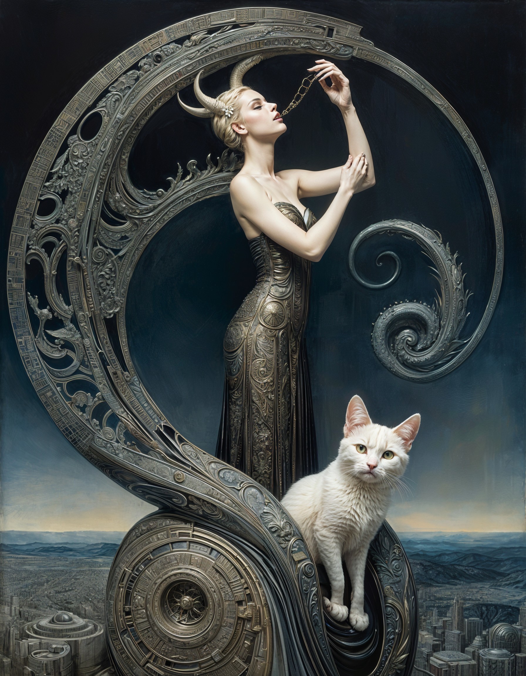 Regal figure in ornate gown with white cat and abstract background