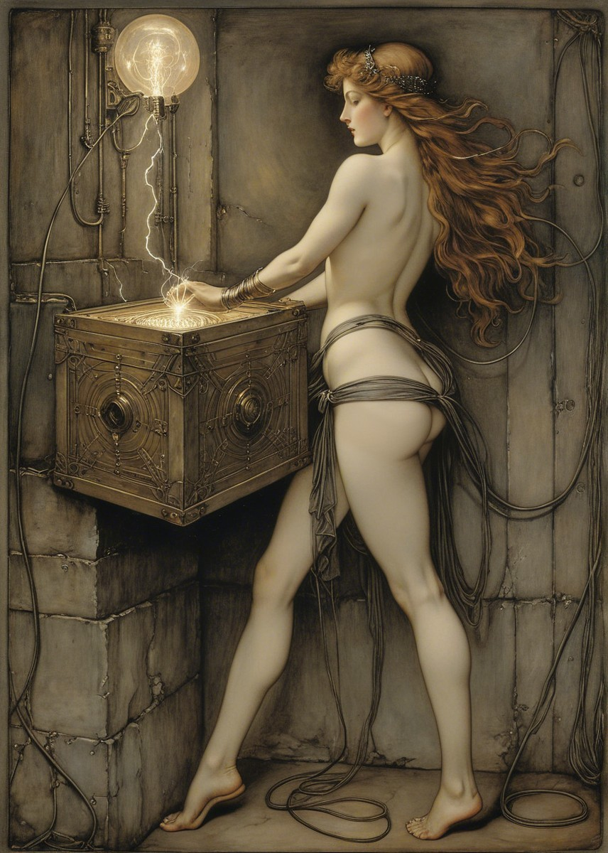 Female Figure with Jewelry and Glowing Box in Dark Setting