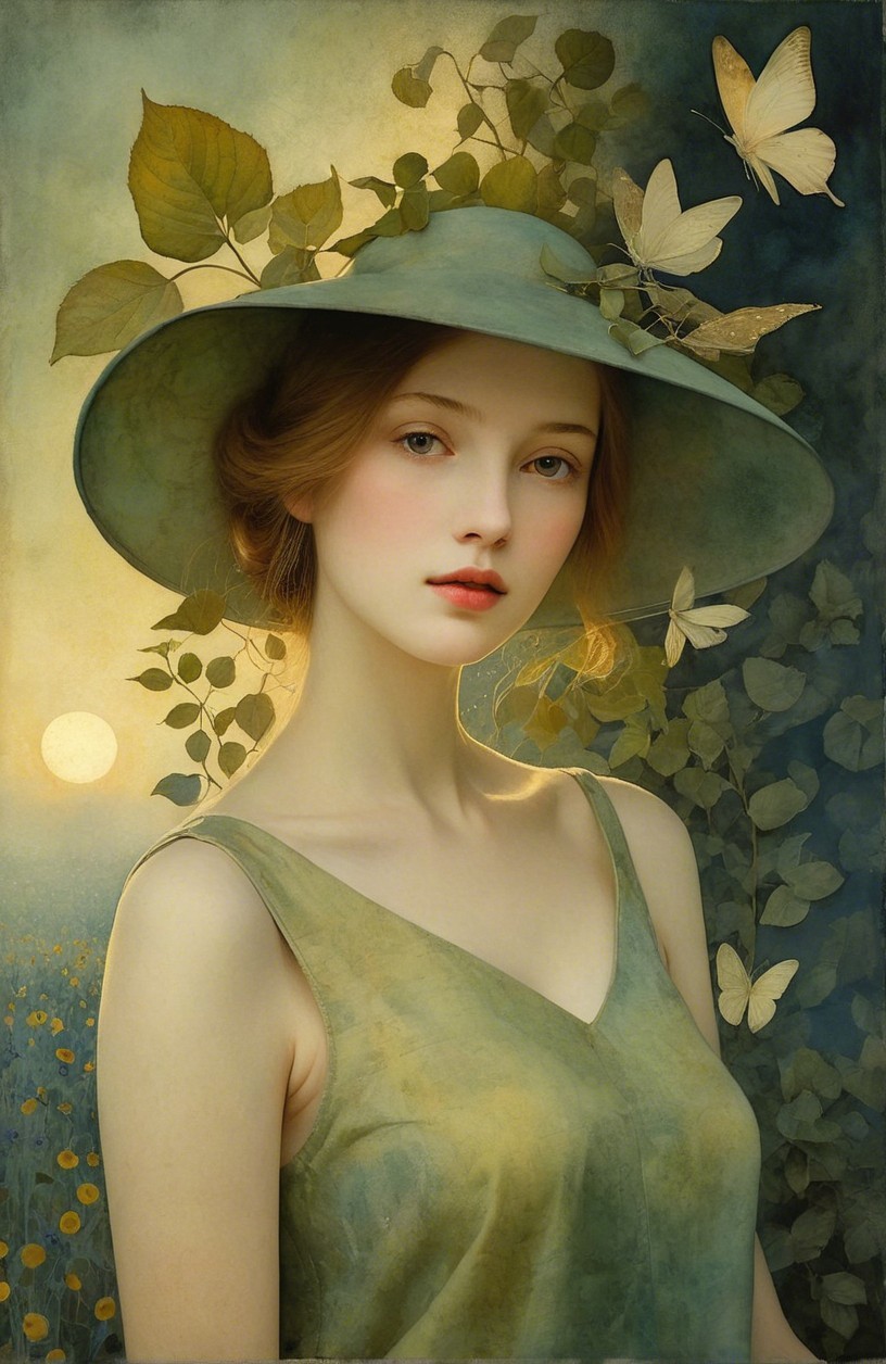 Serene Portrait of Woman in Green Hat with Nature Elements