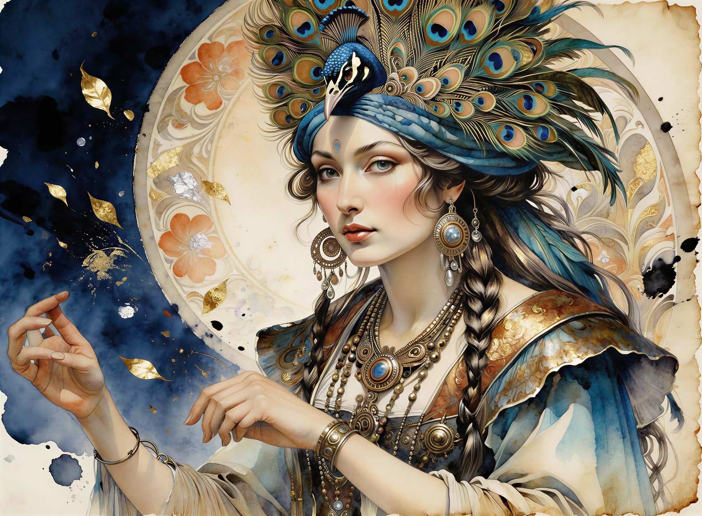 Watercolor Painting of Woman in Peacock Feather Headdress