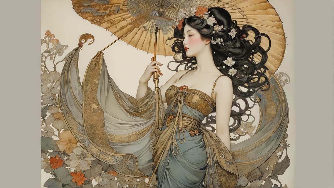 Elegant Woman in Traditional Gown with Umbrella