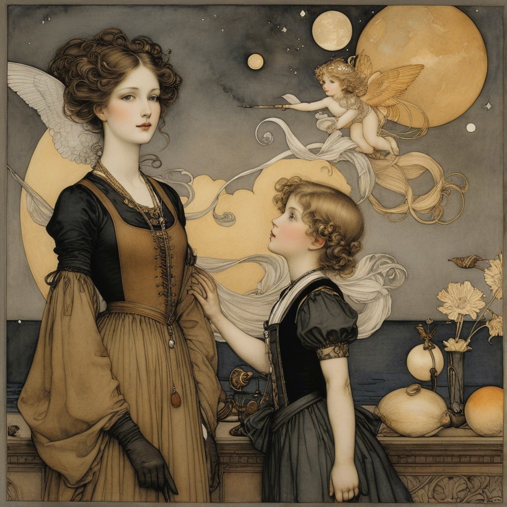 Serene scene of woman and girl in dreamlike setting