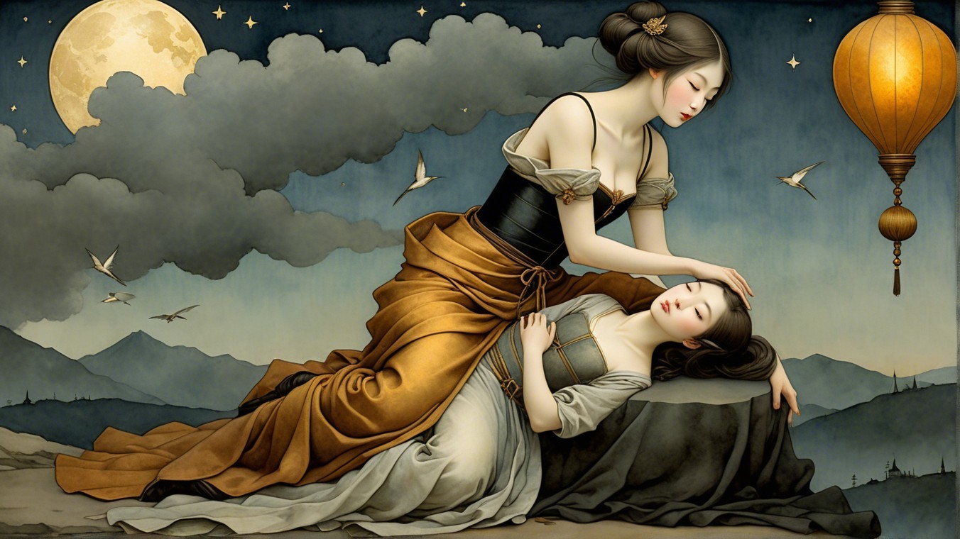 Intimate Moment Between Two Women Under Moonlight