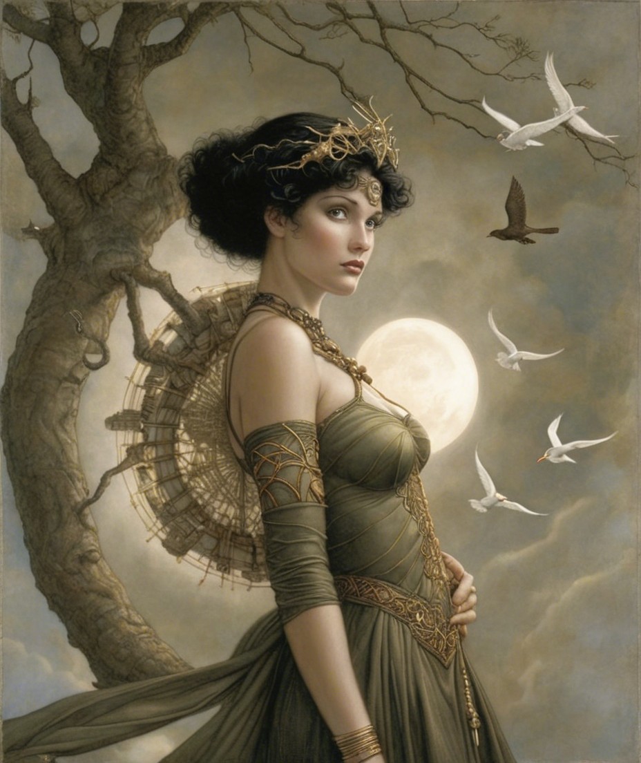Ethereal Artwork of Woman in Olive-Green Gown