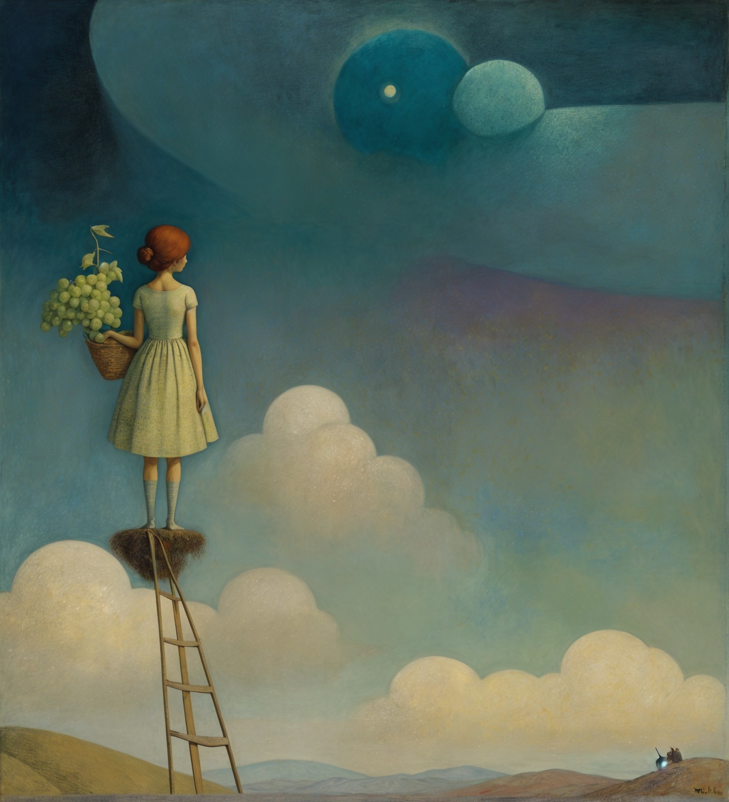 Girl in Pastel Dress on Ladder with Grapes and Sky