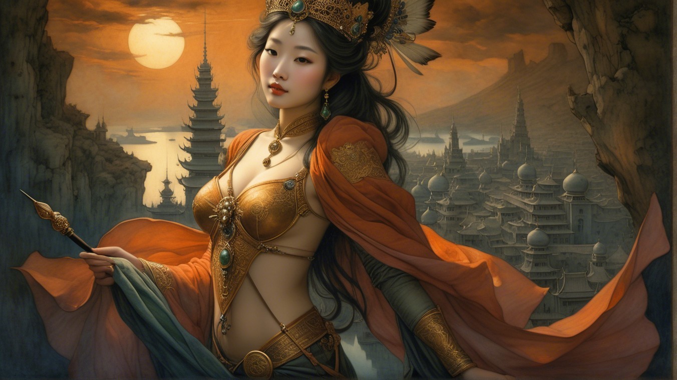 Majestic Female Figure in Golden Armor at Sunset