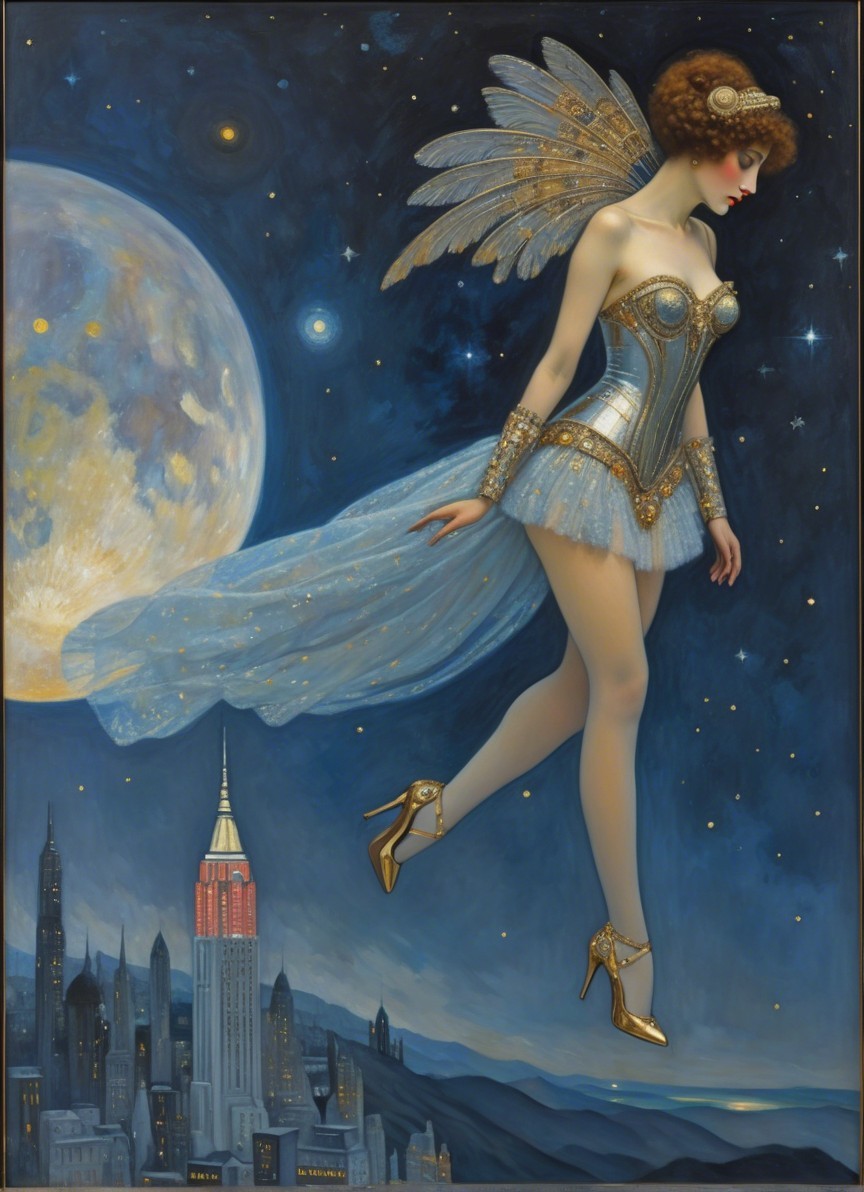 Fairy Figure Against Starry Night Sky and City Skyline