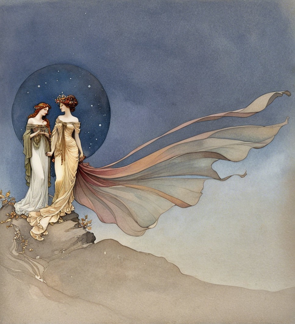 Elegant women in gowns under a starry night sky