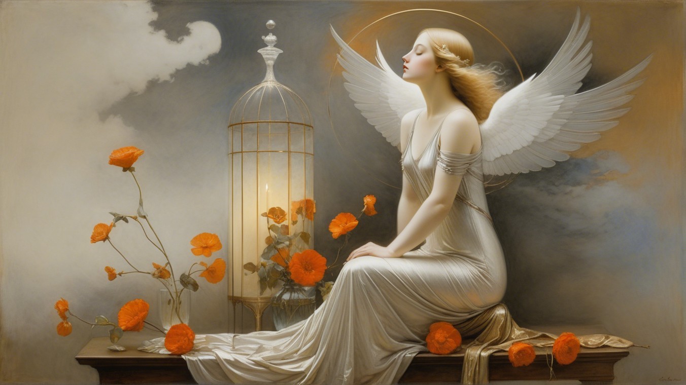 Serene figure with wings beside a cage and flowers