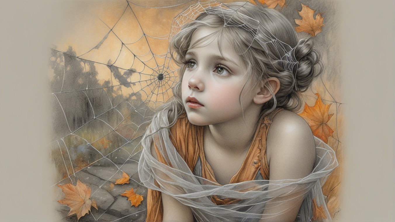 Young girl in autumn leaves with spider web details