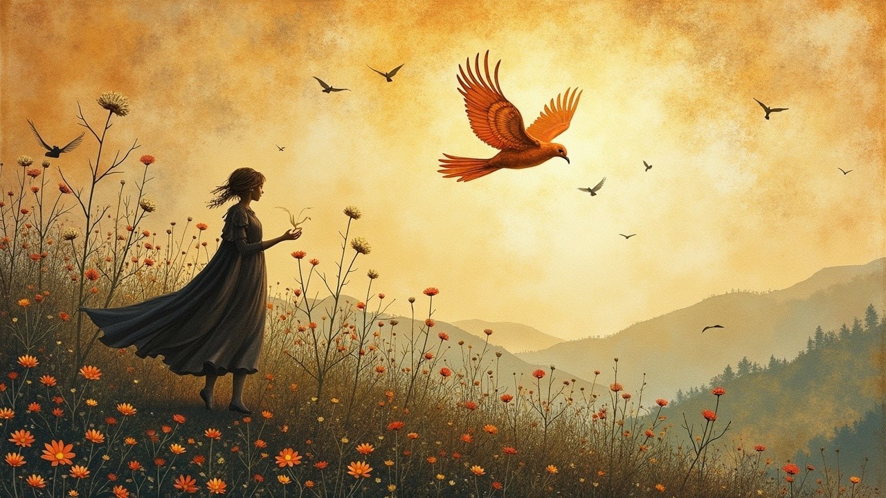 Serene Sunset Landscape with Girl and Vibrant Flowers