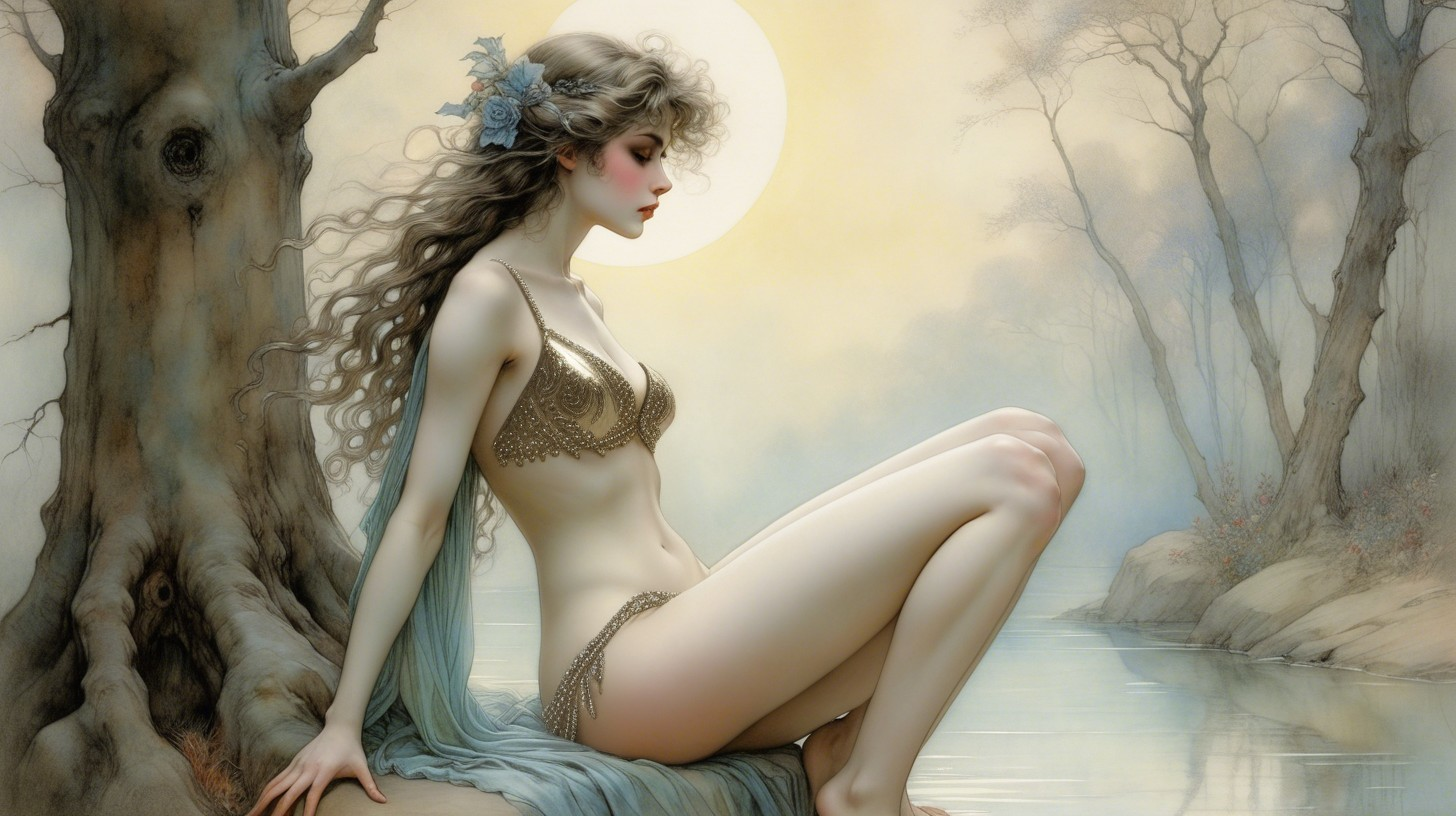 Young woman in gold bikini by gnarled tree and moon