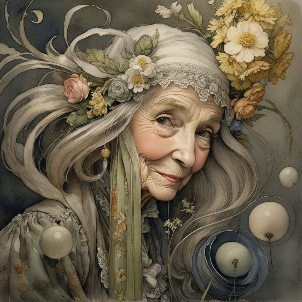 Elderly Woman with Floral Crown and Gentle Smile