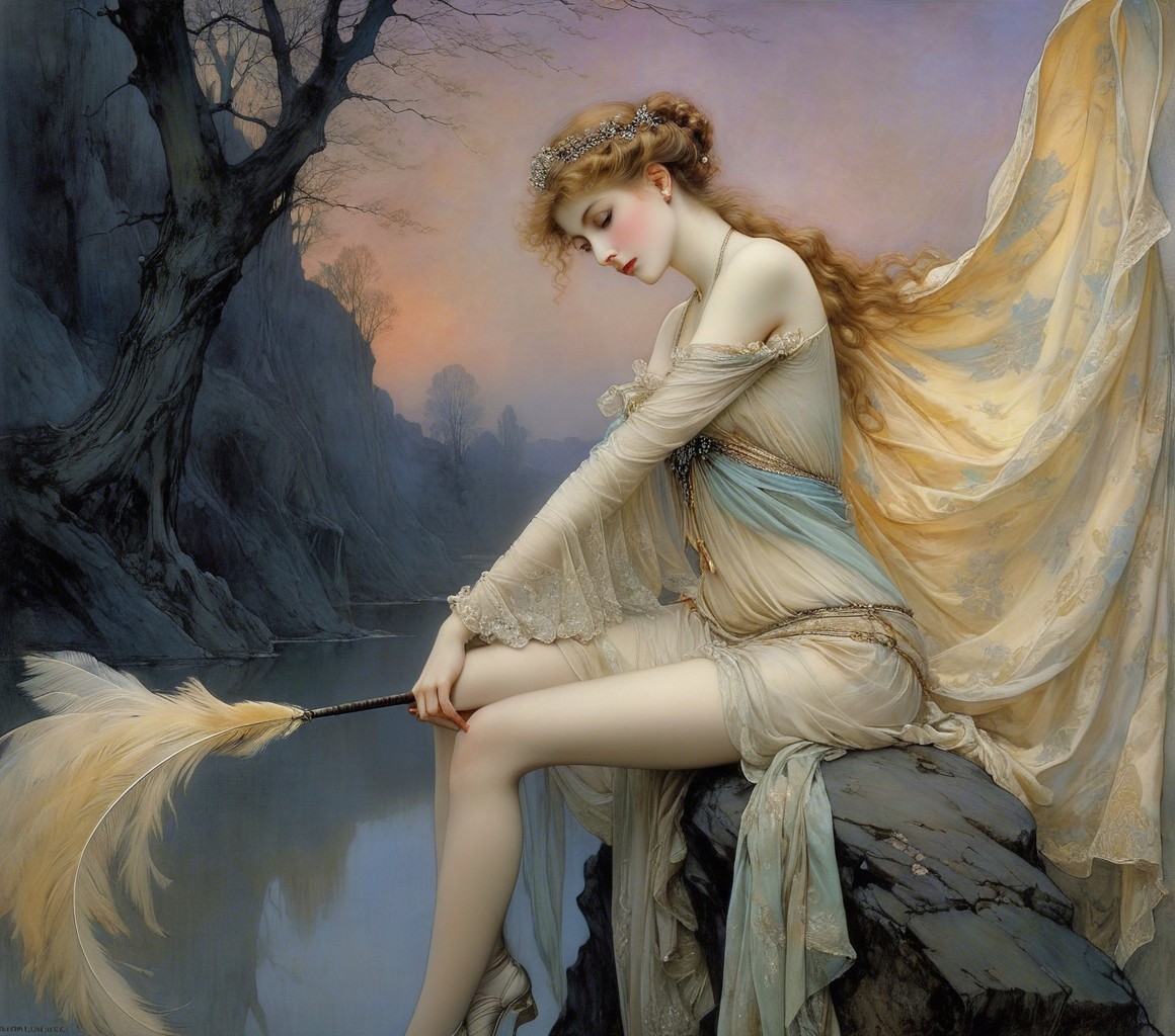 A young woman in a translucent dress by calm water