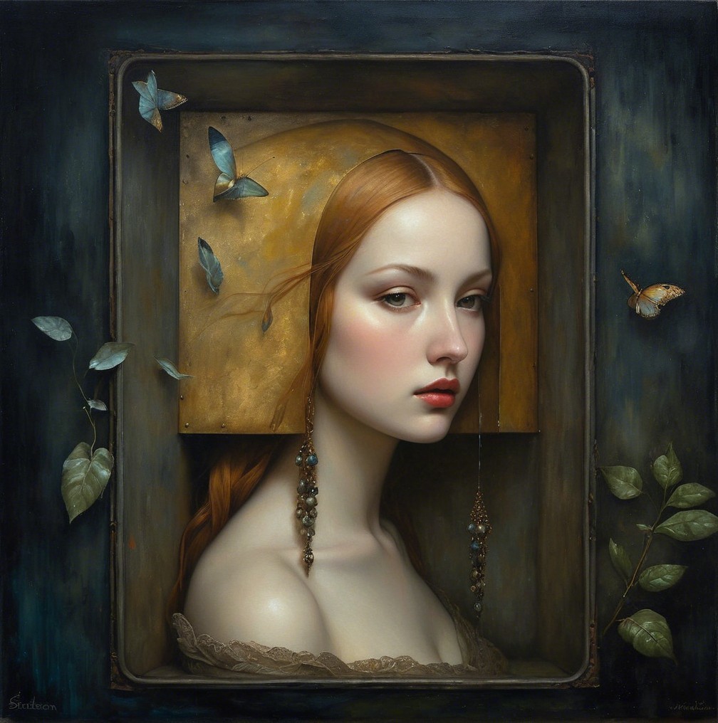 Portrait of a Young Woman with Red Hair and Butterflies