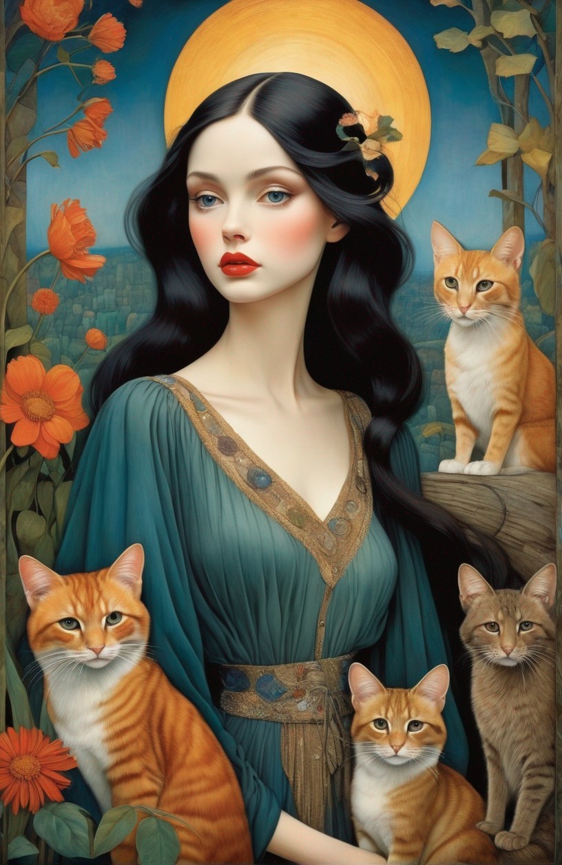 Serene Woman in Green Gown Surrounded by Orange Cats