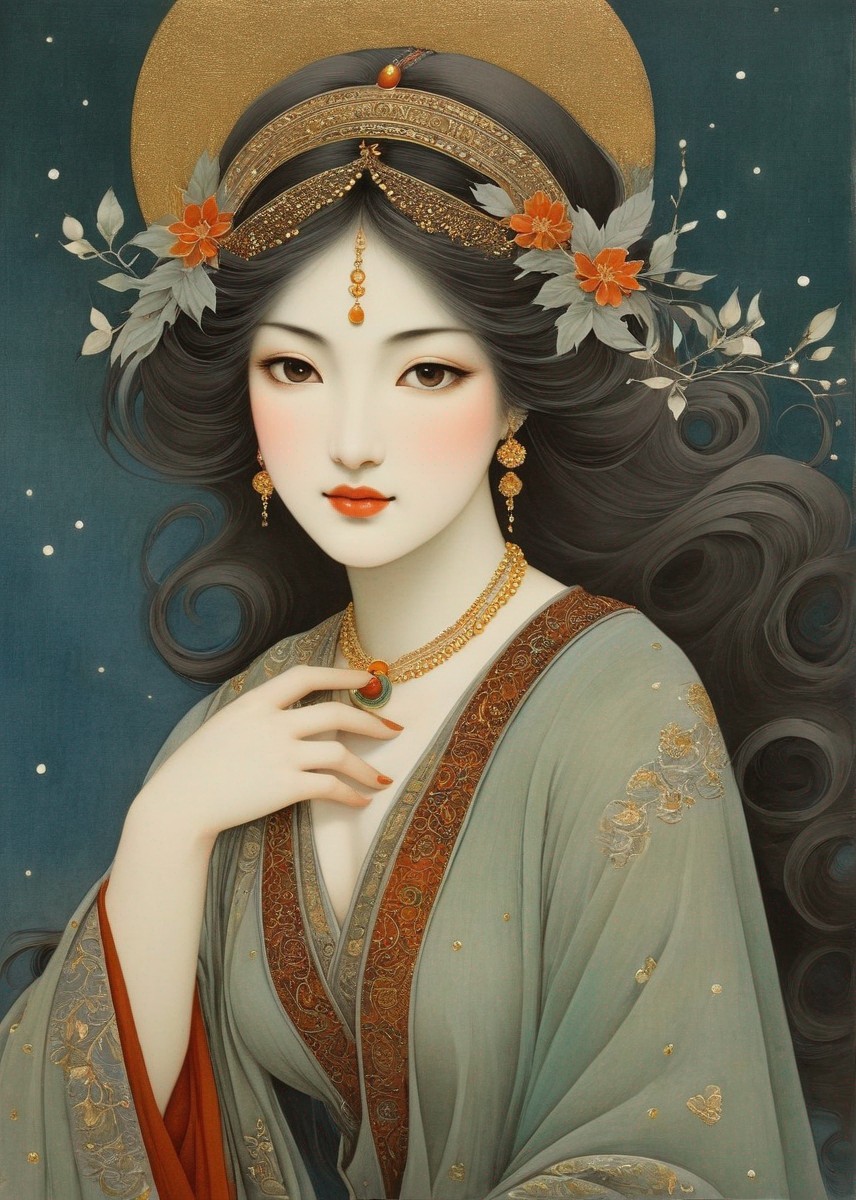 Stylized Woman with Floral Elements and Ornate Headpiece