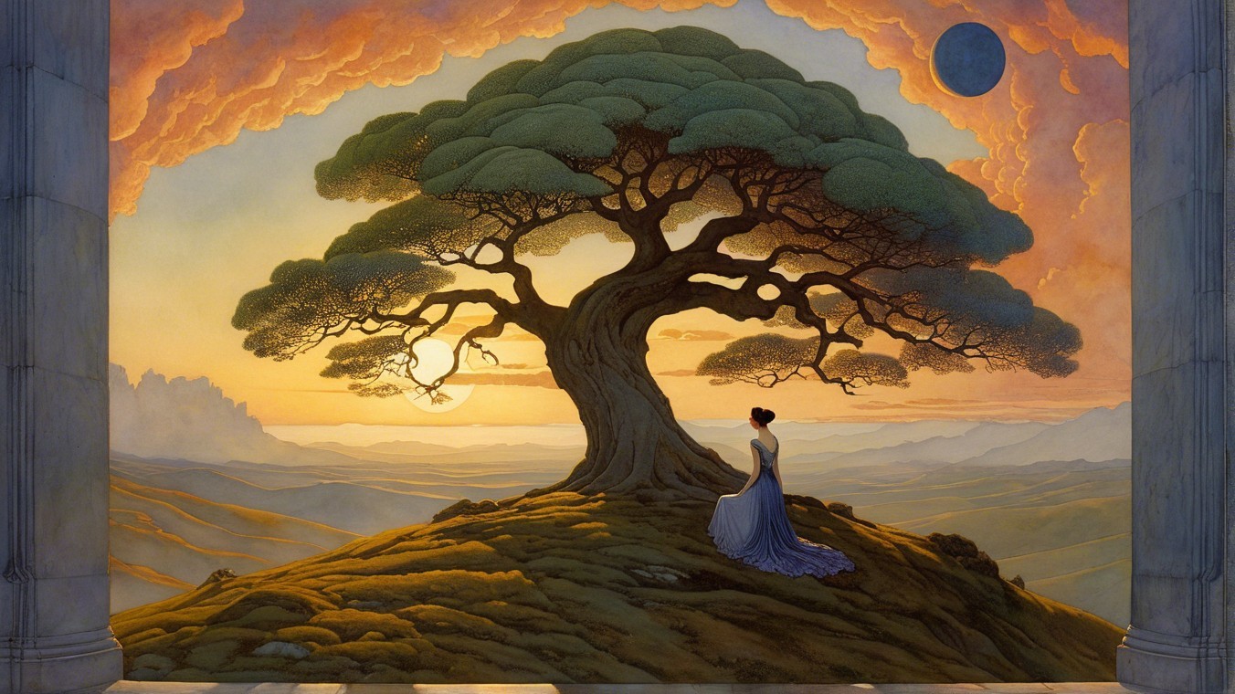 Serene Landscape with Tree and Woman at Sunset