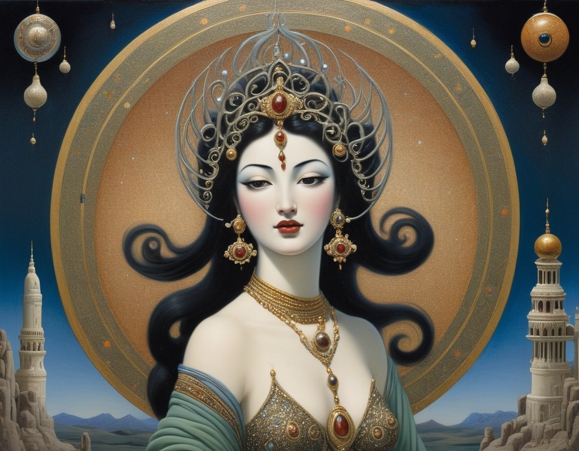 Styled Woman in Opulent Jewelry and Mystical Setting