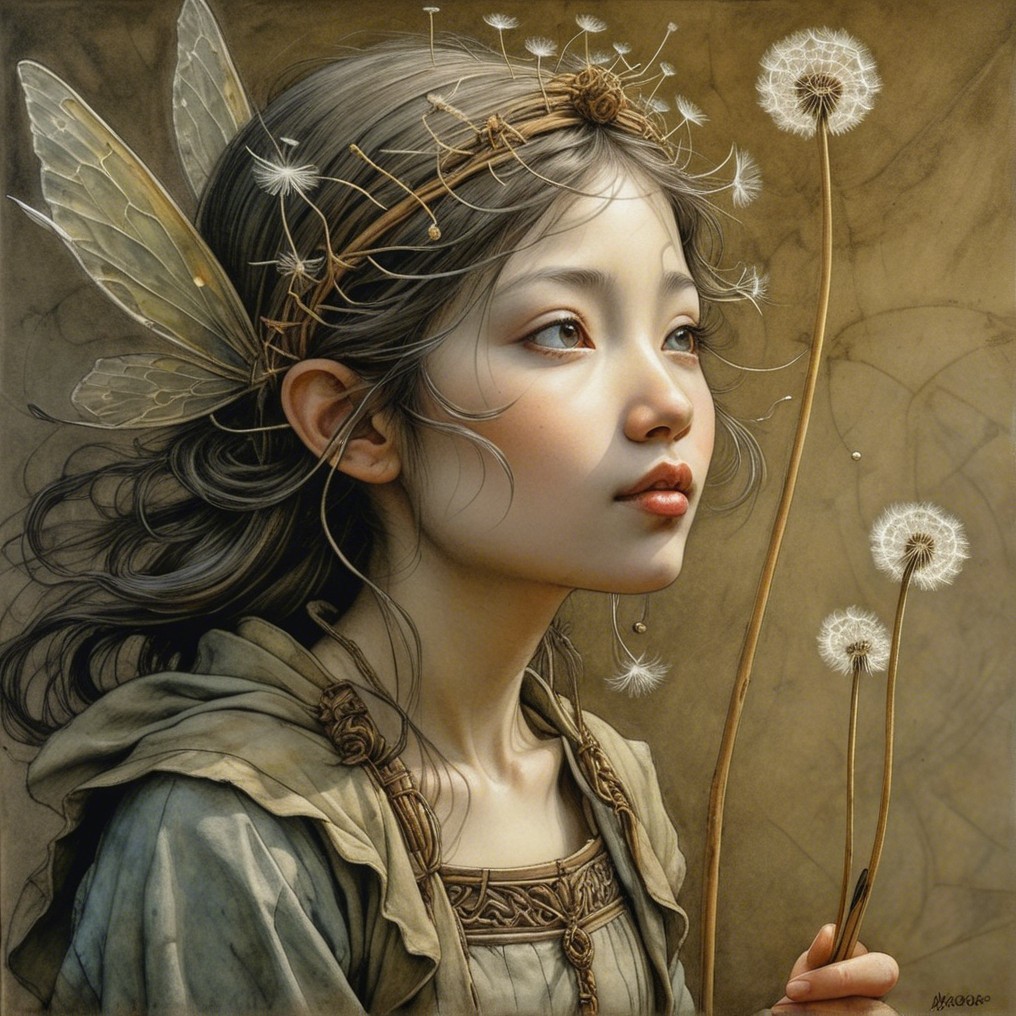 Whimsical Fairy Girl with Butterfly Wings and Dandelions