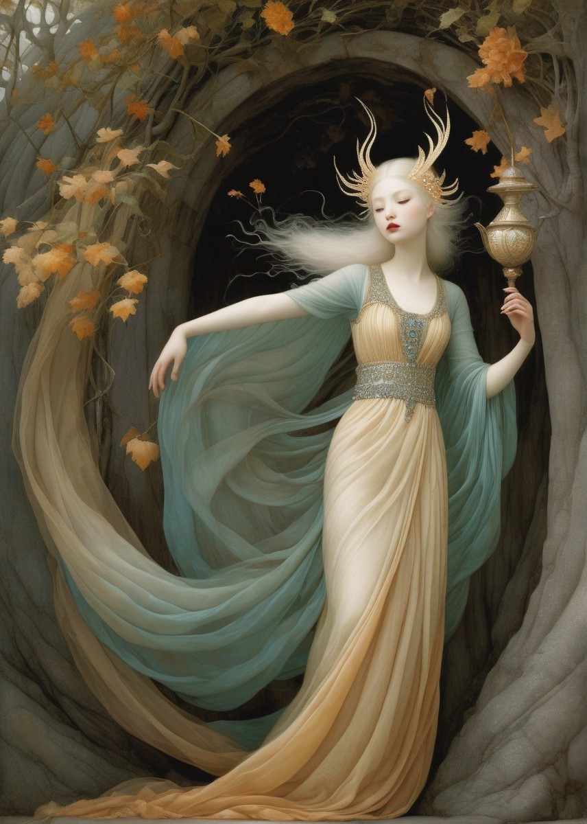 Mystical woman in flowing garments by tree with cup and autumn leaves