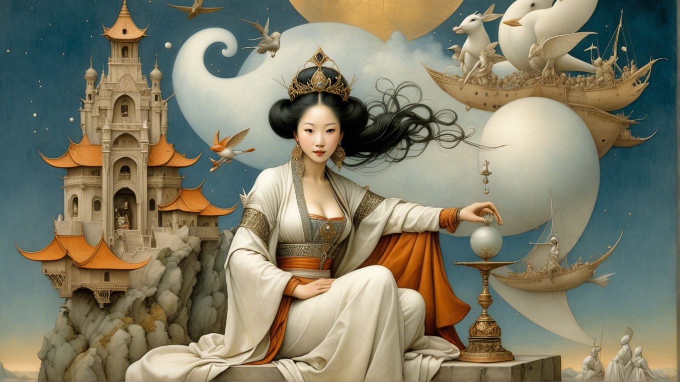 Serene Woman with Globe and Majestic Castle Scene