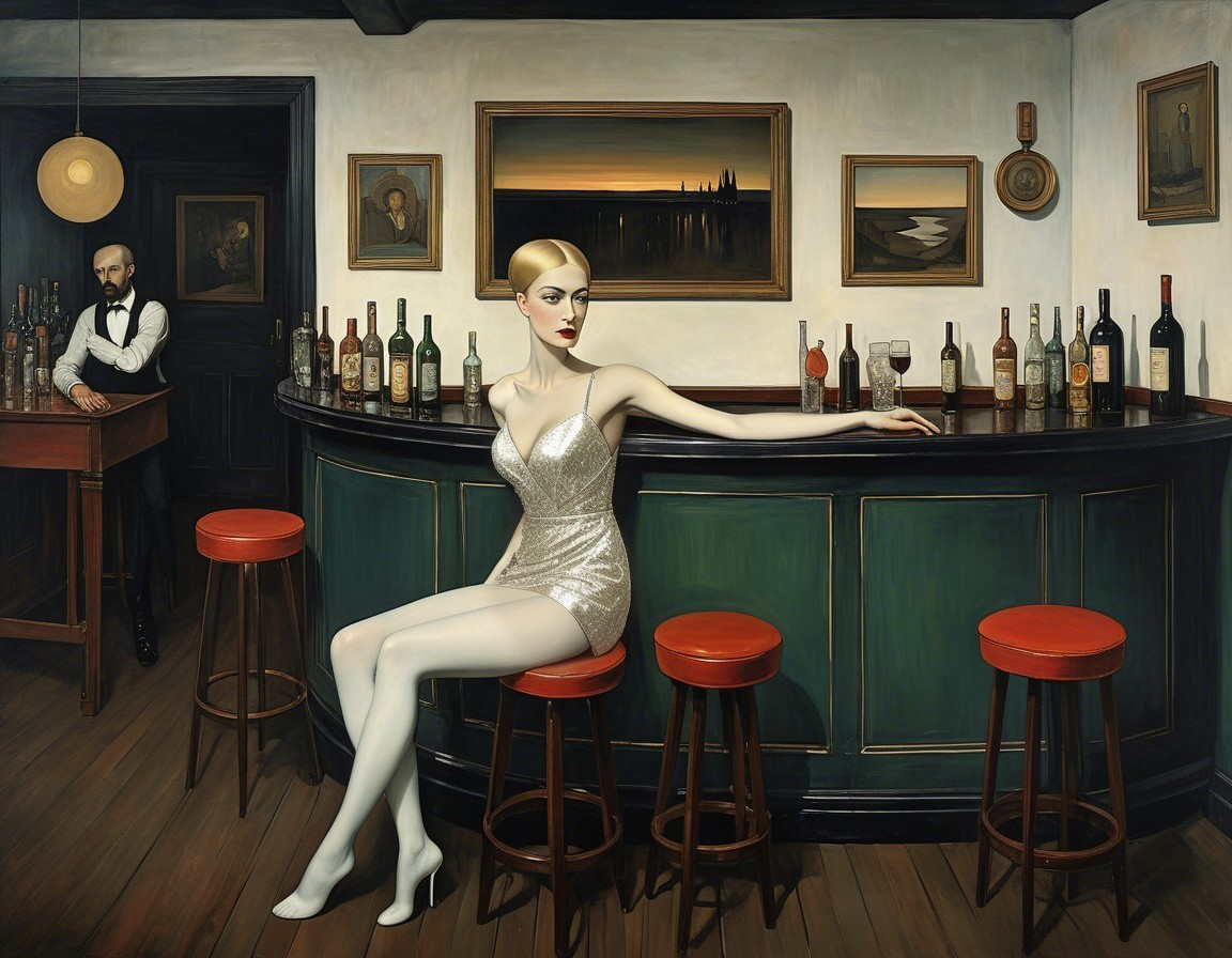 Glamorous Woman in Silver Dress at Vintage Bar