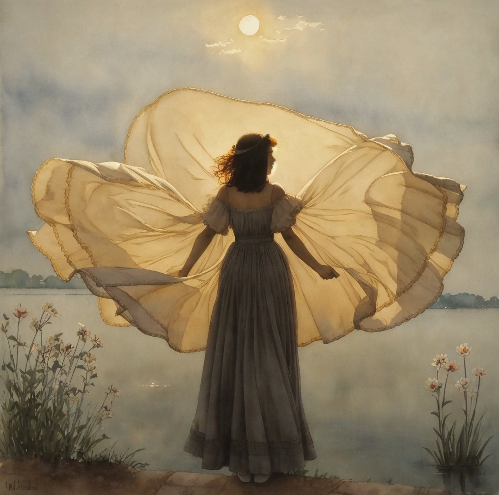 Young woman in pastel gown by serene lake at sunrise