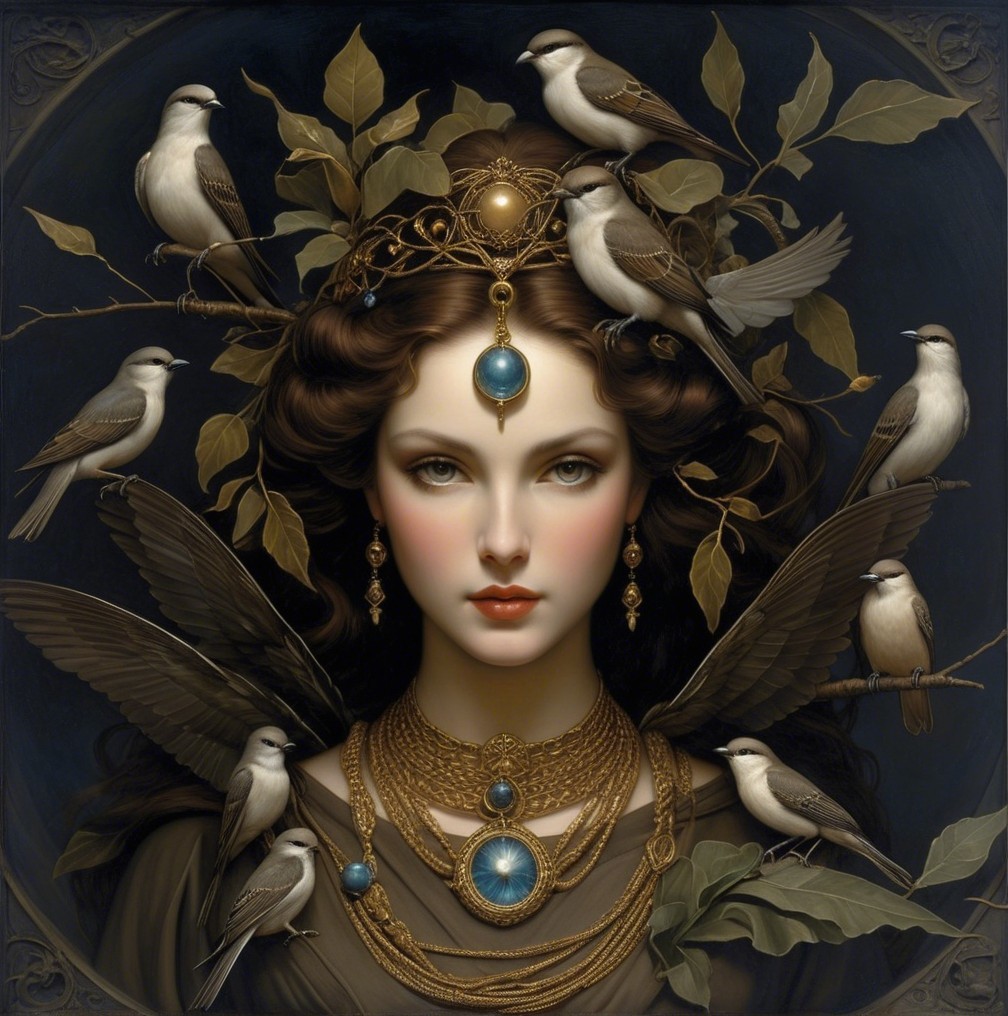 Woman with Crown and Jewelry Surrounded by Birds
