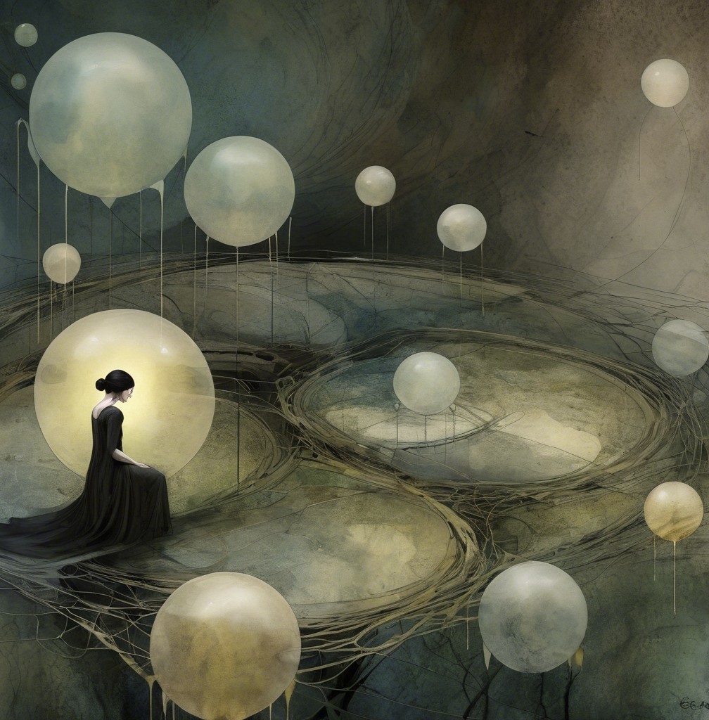 Surreal Landscape with Figure and Glowing Orbs