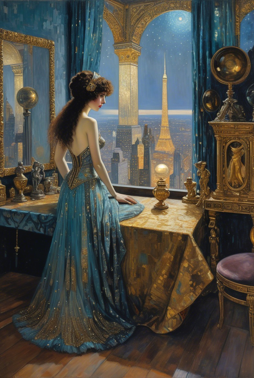 Elegant Woman in Luxurious Room with Eiffel Tower View