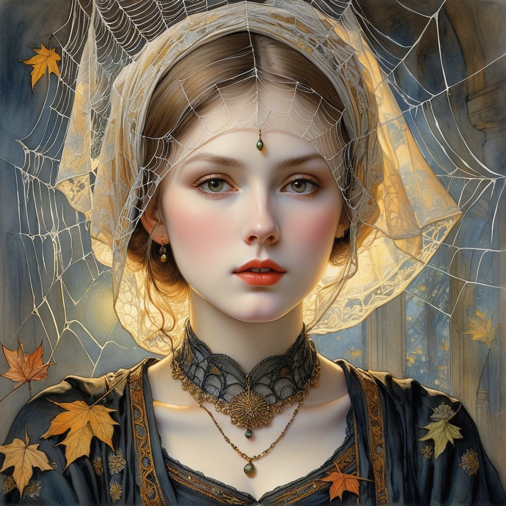 Young woman in ornate dress with spiderweb veil
