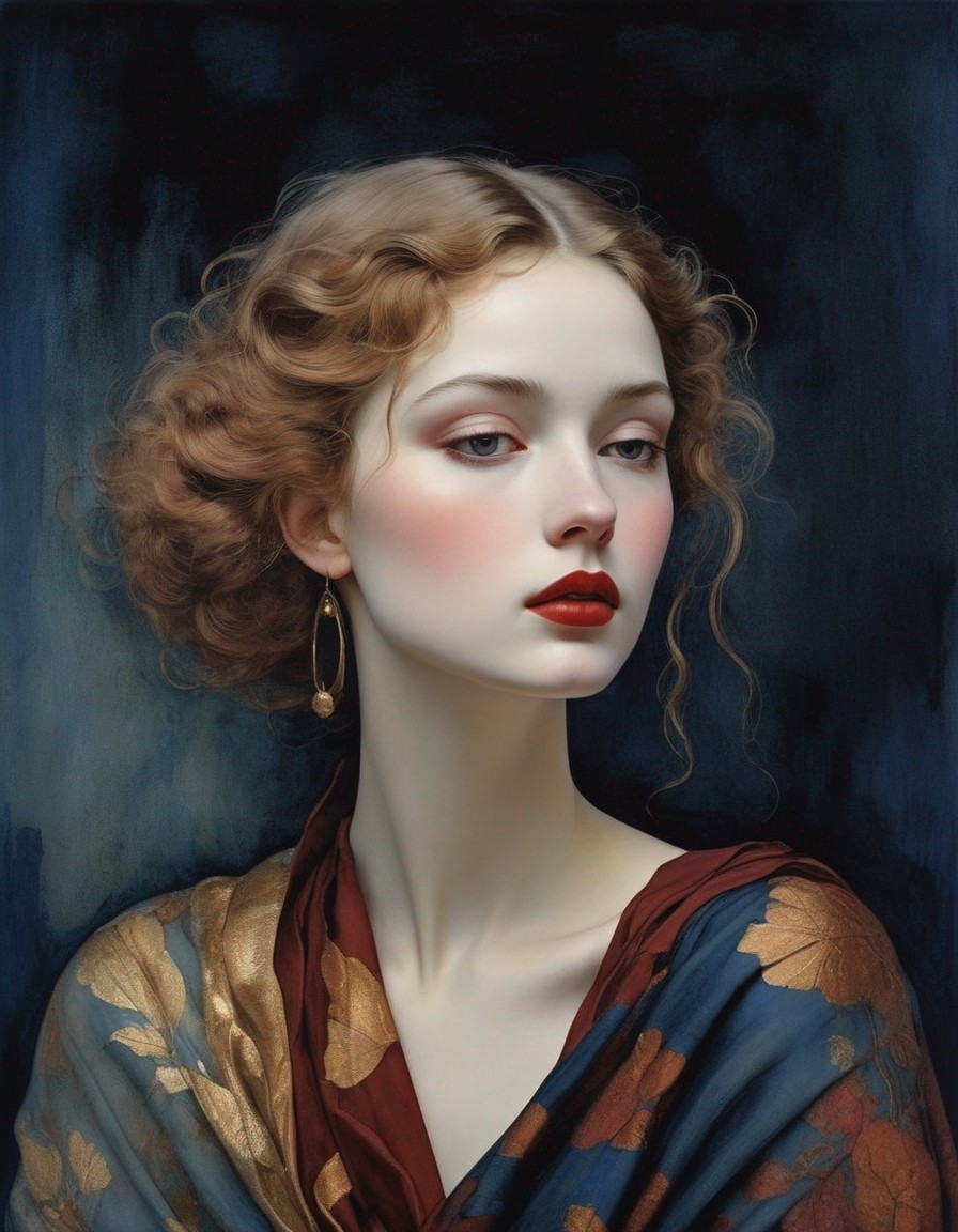 Portrait of a young woman with curly hair and gold earrings