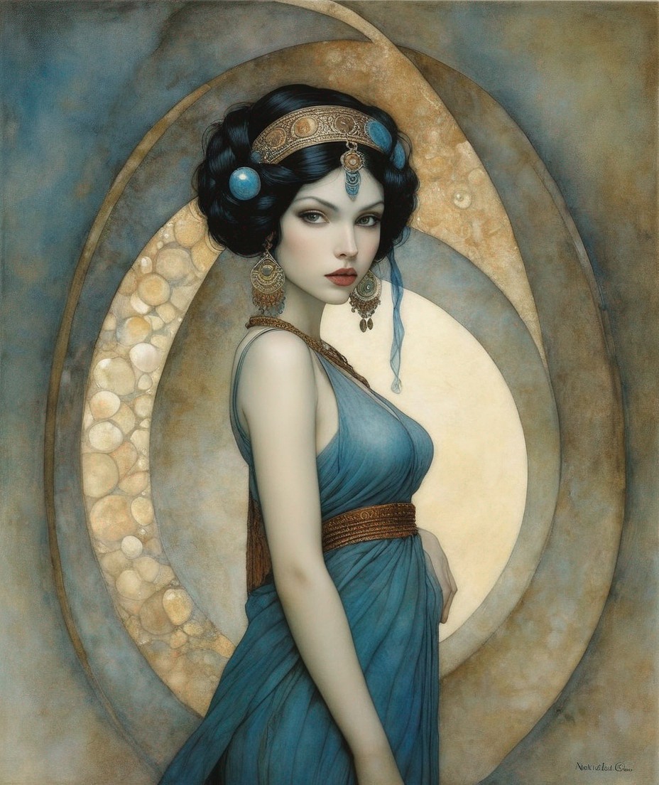 Illustrated woman in blue dress with headpiece by crescent moon.