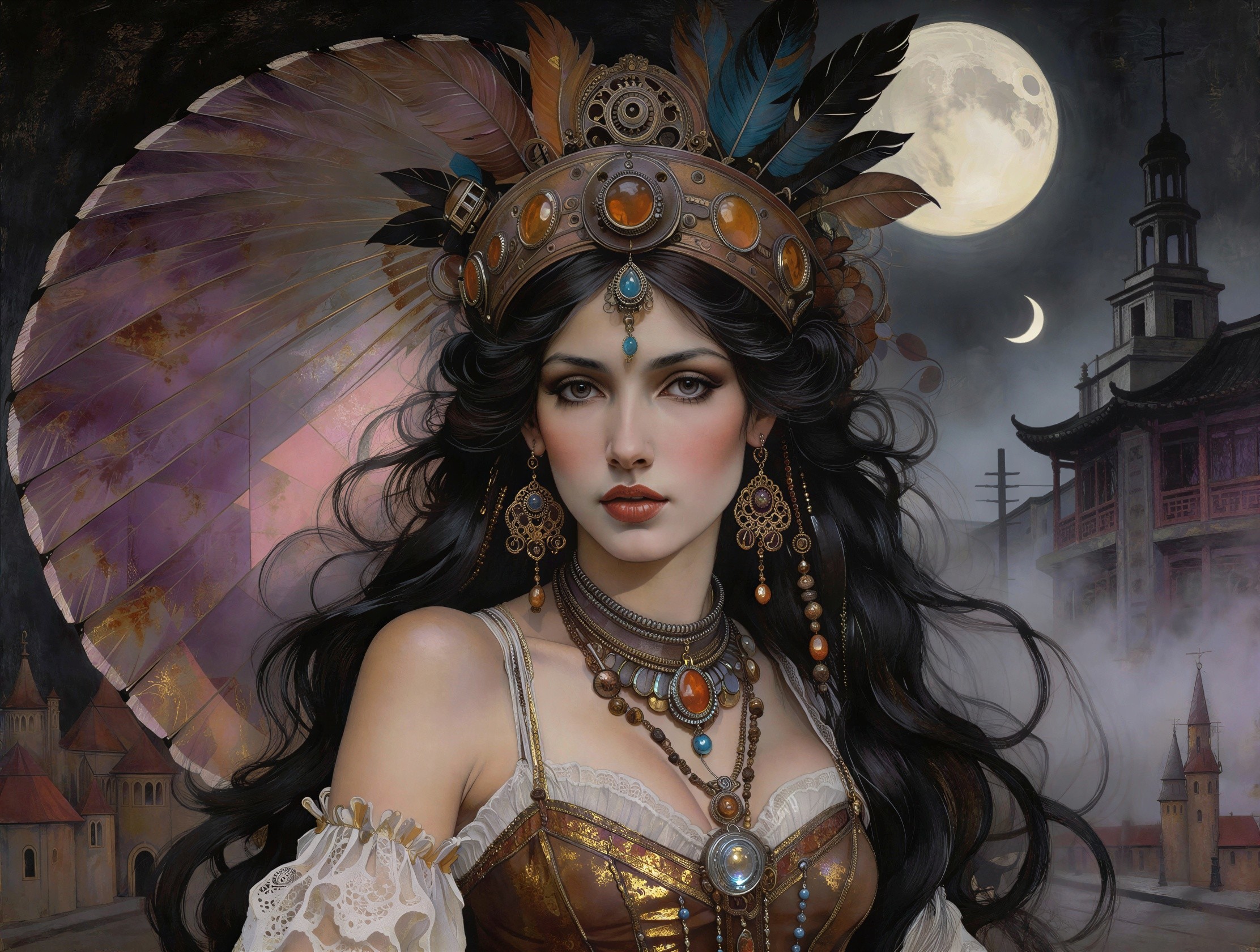 Steampunk Woman in Dark Fantasy Night Setting