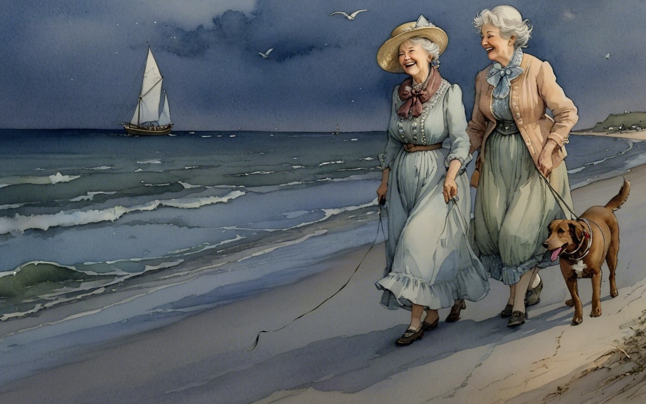 Elderly Women Walking on Beach with Dog and Sailboat