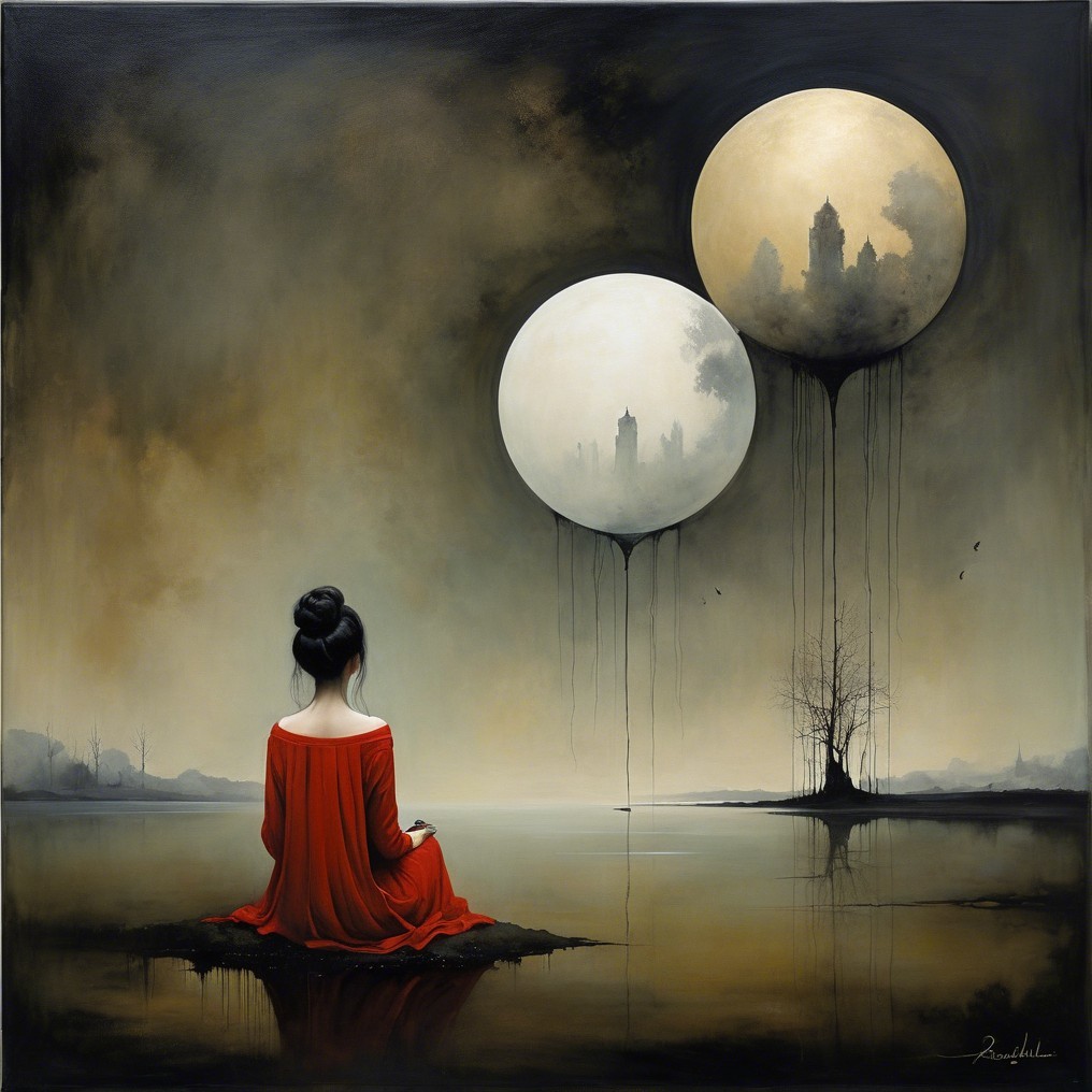 Solitary Figure in Red Dress by Serene Water and Moons