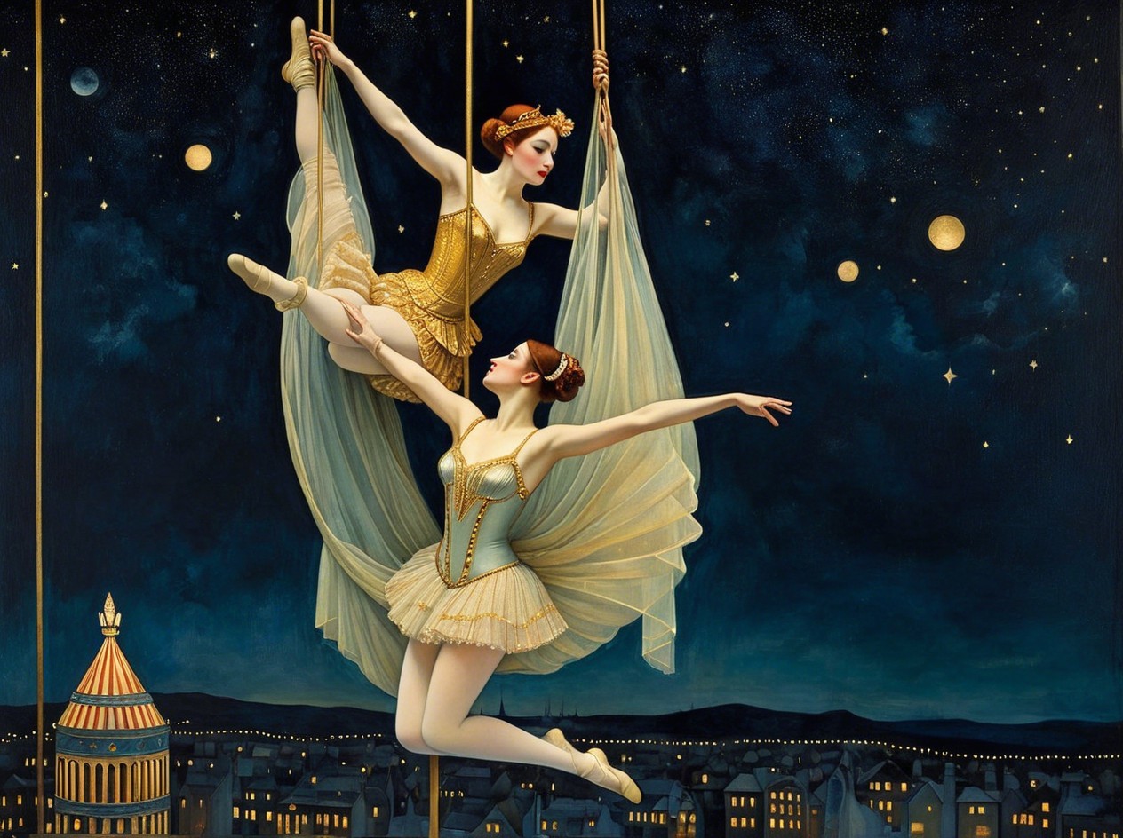 Ballerinas Aerially Performing Against Night Sky Scene