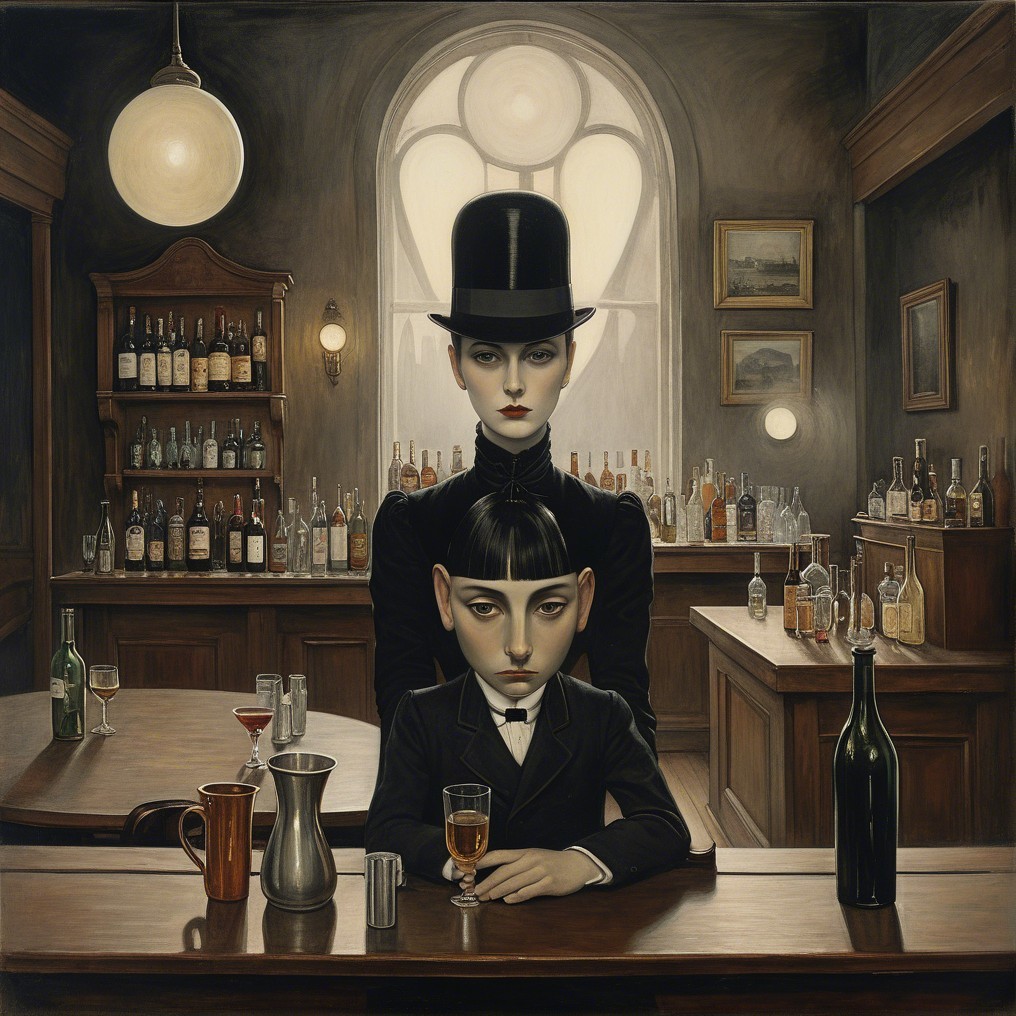 Mysterious Bar Scene with Adult and Child Figures