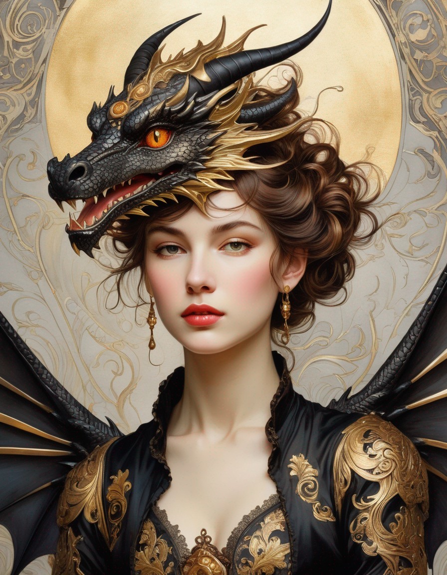 Digital artwork of fair-skinned woman with curly brown hair and dragon-inspired jewelry.