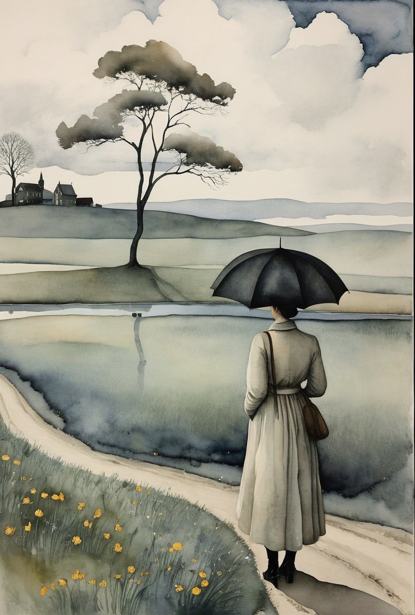 Serene Landscape with Woman by Calm Pond and Wildflowers