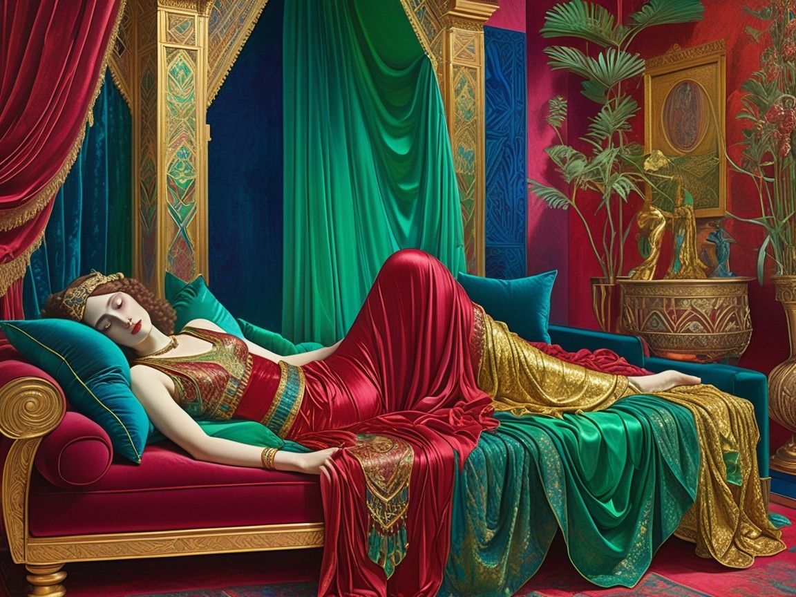 Elegant Woman on Vibrant Couch in Opulent Setting