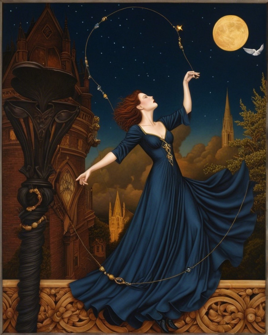 Woman in Blue Gown Dancing Under Starry Night Sky