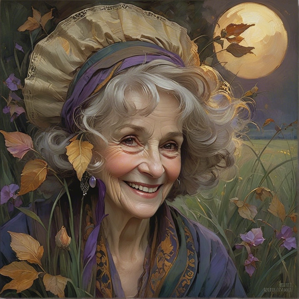 Elderly Woman in Colorful Outfit Surrounded by Flowers