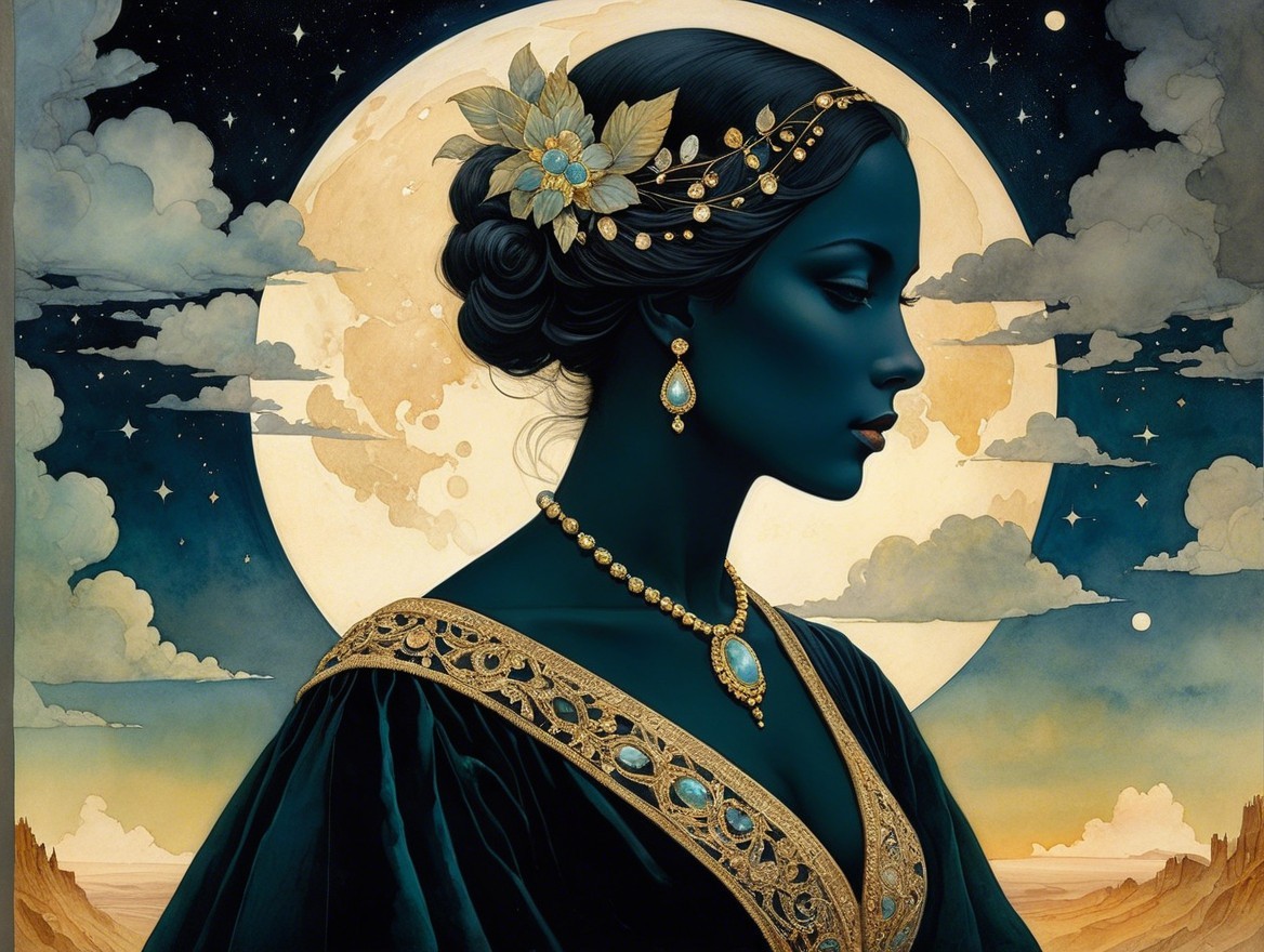 Profile of a Woman with Blue Skin and Night Sky