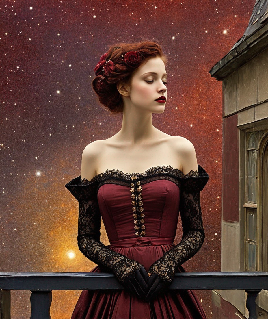 Vintage burgundy dress and updo hairstyle on woman leaning on balcony under starry sky.
